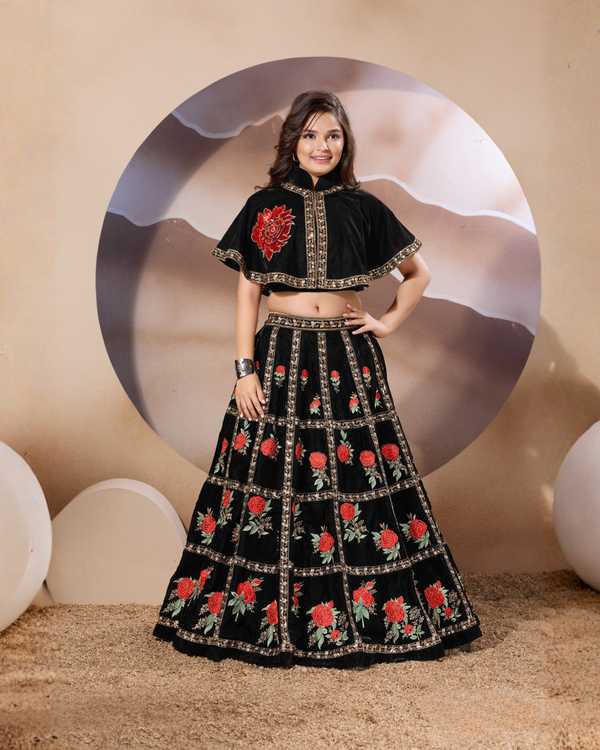 Black Velvet Rose Embroidered Lehenga