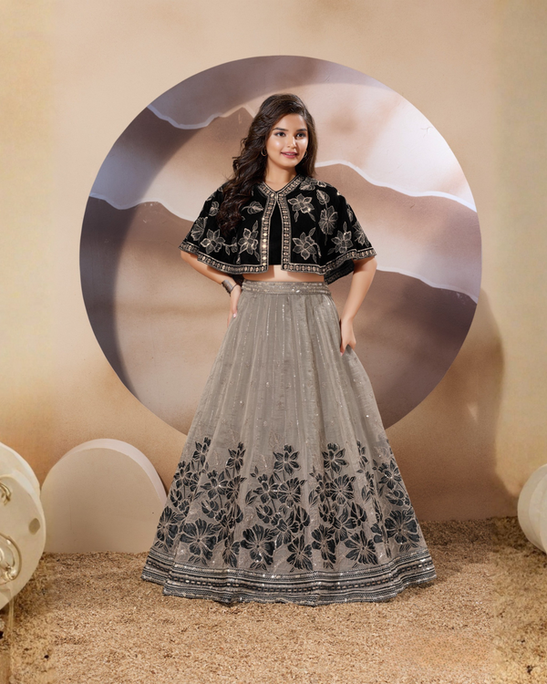 Grey–Black Floral Fusion Lehenga