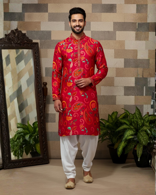 Vibrant Red Paisley Kurta Pajama Set