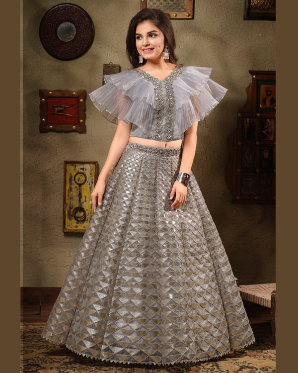 Silver Ruffle Sleeve Lehenga