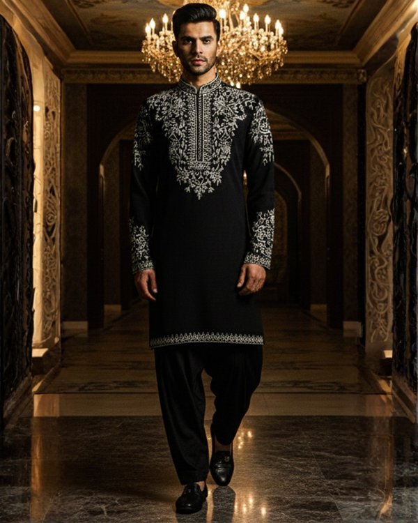 Royal Black Kurta Set with Exquisite Silver Detailing