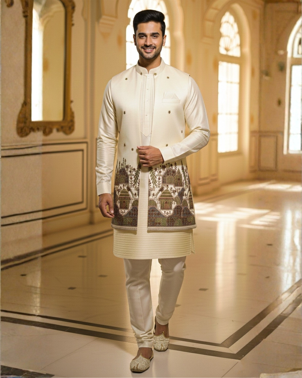 Classic Cream Kurta Set with Luxe Printed Jacket