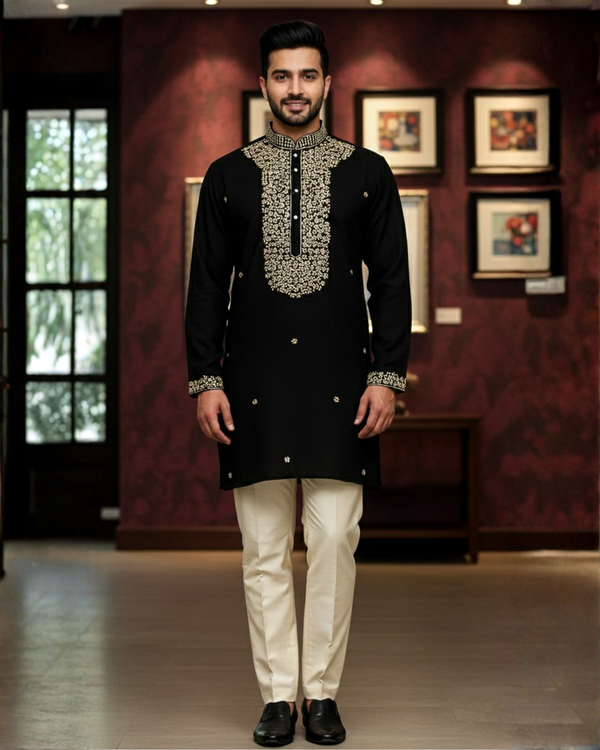 Black Royal Kurta Set with Rich Detailing