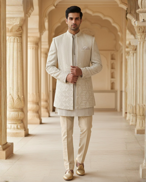 Grand Wedding Edit: Cream Textured Indo-Western Set