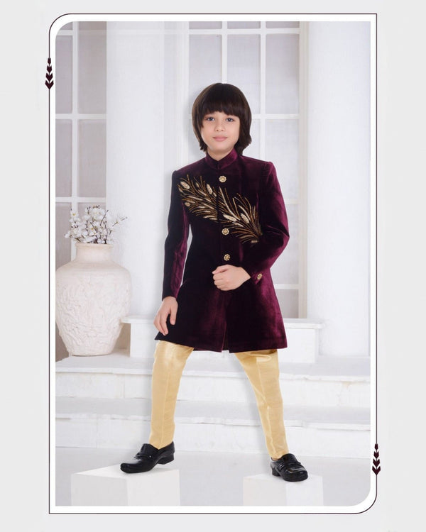 Designer Velvet Sherwani with Golden Leaf Embroidery