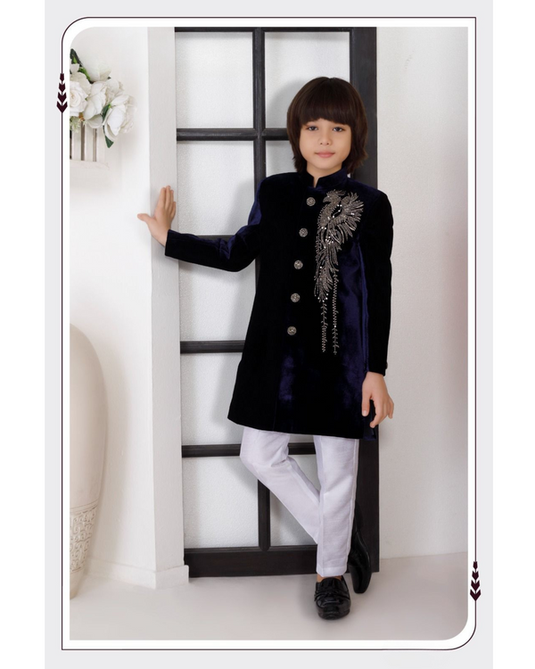 Navy Blue Velvet Sherwani with Royal Peacock Feather Embroidery