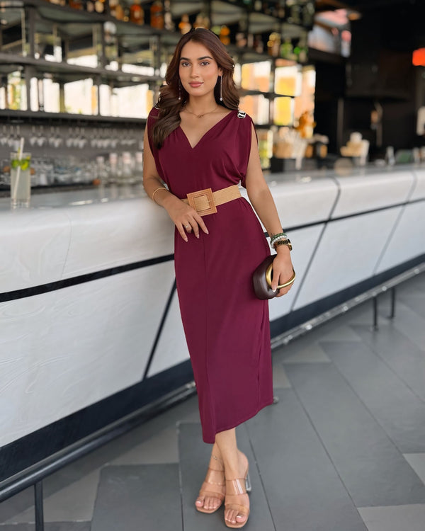 Classic V-Neck Wine Midi Dress