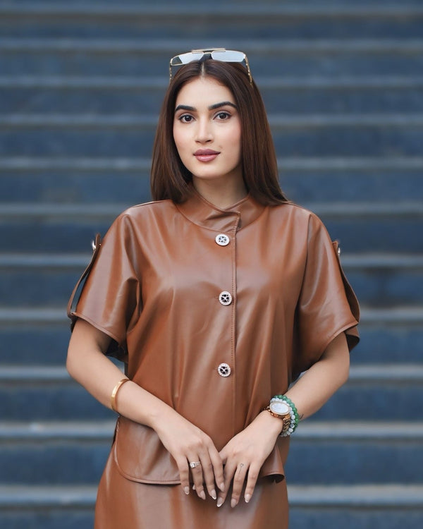 Soft Faux Leather Shirt Style Top – Statement Piece