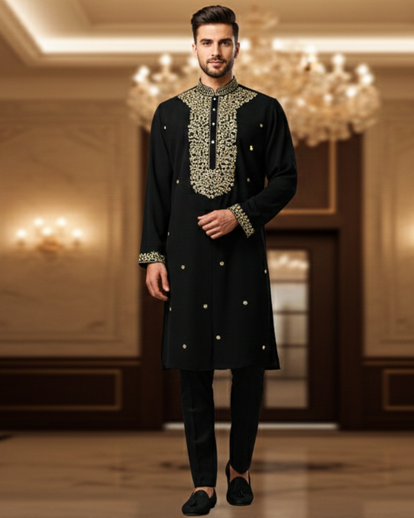 Black Majesty Kurta with Handcrafted Golden Detailing