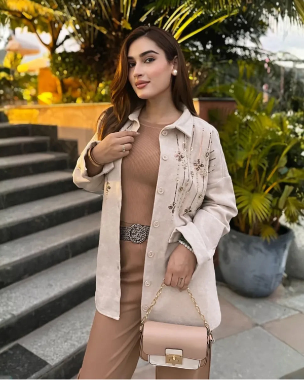 Beige Luxe Embroidered Shacket