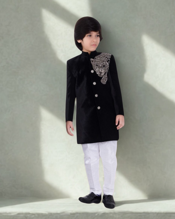 Majestic Black Velvet Sherwani with Royal Panther Motif