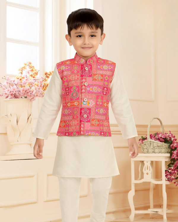 Pink Jacket Kurta Set for Boys