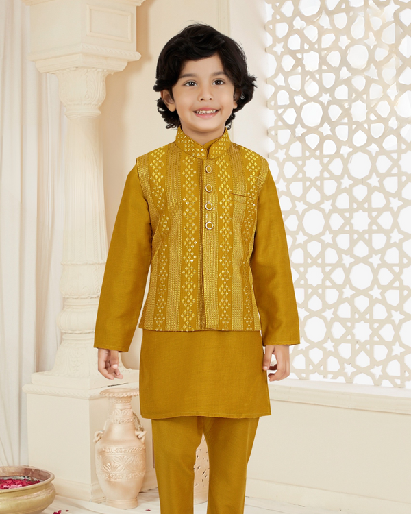 Yellow Embroidered Jacket Set For Boys